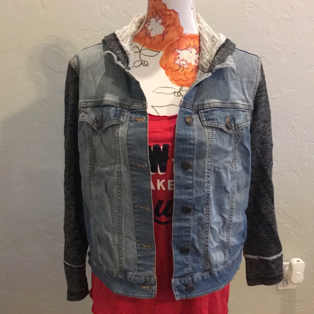 Jean jacket w/ jersey sleeves & hoodie